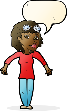 Bir insan tarafından çizilmiş konuşma balonlu gözlük takan çizgi film kadını.