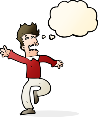 Bir insan tarafından çizilen düşünce baloncuğuyla panikleyen çizgi film adamı.