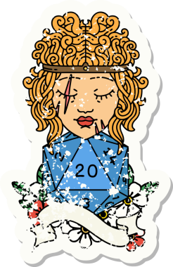 Bir insan tarafından çizilmiş doğal 20 zarlı insan barbarının grunge sticker 'ı.