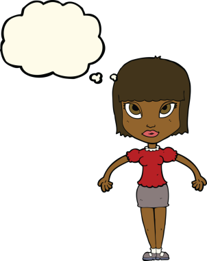 Bir insan tarafından çizilmiş düşünce baloncuğu olan güzel bir kadın.