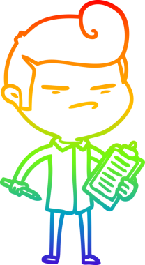 Gökkuşağı gradyan çizgi çizimi. Bir insan tarafından çizilmiş saç kesimi ve klip tahtası olan havalı bir adam.