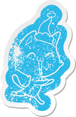 Mutlu karikatür hüzünlü bir kedi miyavlıyor Noel Baba şapkası giymiş bir insan tarafından çizilmiş.