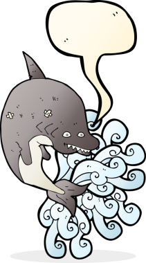 Bir insan tarafından çizilmiş konuşma baloncuklu çizgi film köpekbalığı.