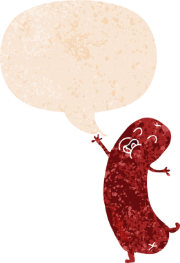 Konuşan baloncuklu çizgi film sosisi bir insan tarafından çizilmiş dertli retro desenli.