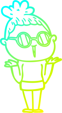 Bir insan tarafından çizilmiş gözlüklü, omuz silken bir karikatür çizimi.