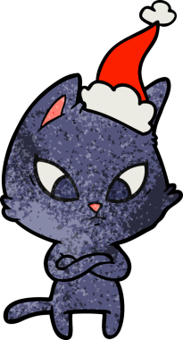 Bir insan tarafından çizilmiş Noel Baba şapkası takan bir kedinin çizilmiş kafası karışmış.