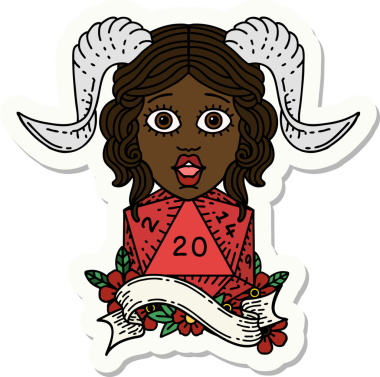 Bir insan tarafından çizilmiş doğal yirmi zarla yapıştırılmış bir etiket.