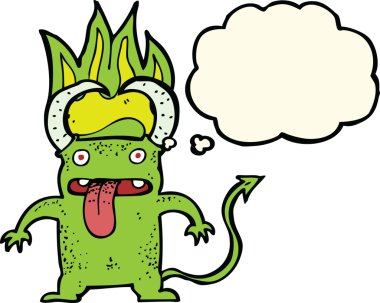 Bir insan tarafından çizilmiş düşünce baloncuğu olan küçük bir şeytan.