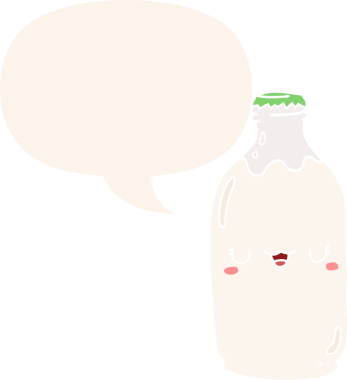 Bir insan tarafından çizilmiş eski moda konuşma baloncuklu tatlı süt şişesi.