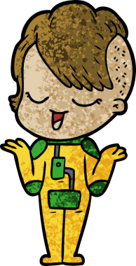 Bir insan tarafından çizilmiş uzay elbisesi içindeki mutlu çizgi film kızı.