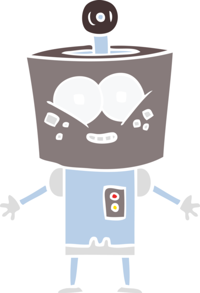 Bir insan tarafından çizilmiş mutlu düz renkli çizgi film robotu