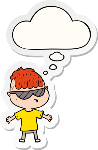 Düşünce balonlu güneş gözlüğü takan çizgi film çocuğu bir insan tarafından çizilmiş çıkartma gibi.