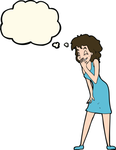 Bir insan tarafından çizilmiş düşünce baloncuğuyla gülen çizgi film kadını.