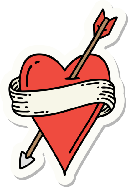 Bir insan tarafından çizilmiş ok kalp ve pankartın geleneksel stiliyle dövme çıkartması.