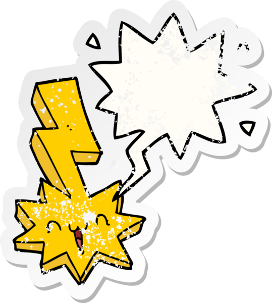 Karikatür yıldırımı ve konuşma baloncuğu bir insan tarafından çizilmiş sıkıntılı eski bir çıkartma