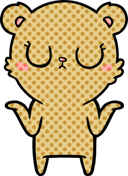 Bir insan tarafından çizilmiş barışçıl çizgi film ayısı omuz silkiyor.