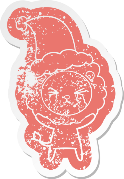 Bir insan tarafından çizilmiş Noel Baba şapkası takan ağlayan bir aslan çıkartması.