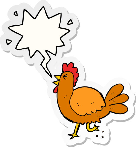 Bir insan tarafından çizilmiş konuşma kabarcığı çıkartmalı çizgi film horozu.