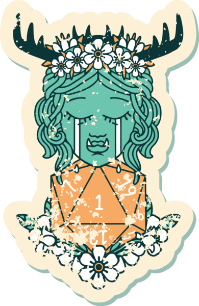 Retro Dövme Tarzı Hüzünlü Yarı Ork Druid Karakteri Bir zar bir insan tarafından çizilmiş