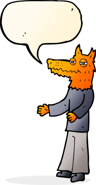 Bir insan tarafından çizilmiş konuşma balonlu tilki adam.