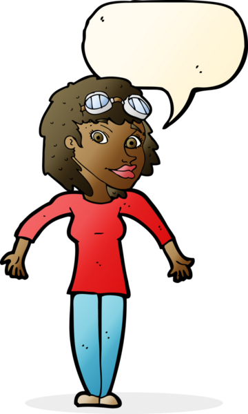 Bir insan tarafından çizilmiş konuşma balonlu gözlük takan çizgi film kadını.