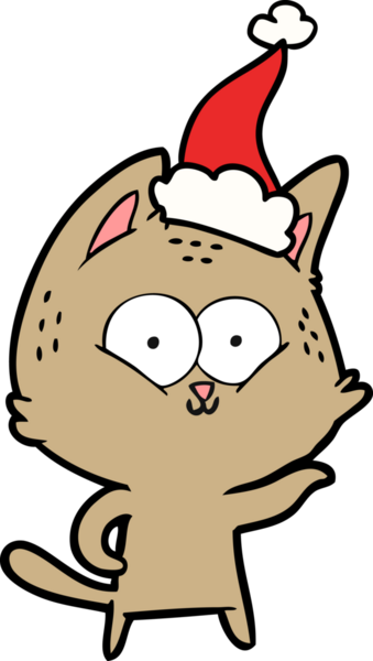 Bir insan tarafından çizilmiş Noel Baba şapkası takan bir kedinin çizimi.