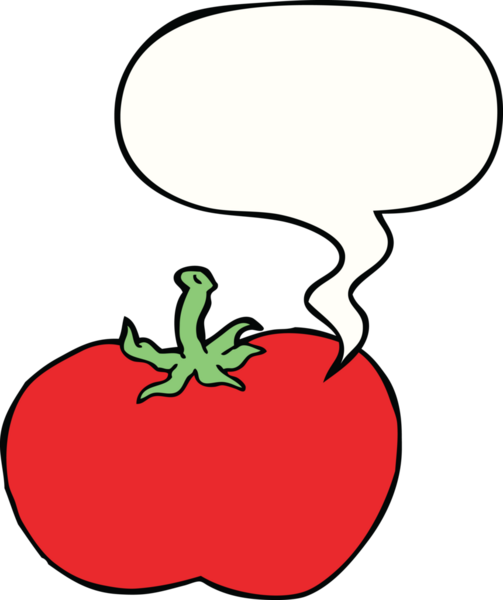 Bir insan tarafından çizilmiş konuşma baloncuklu domates.