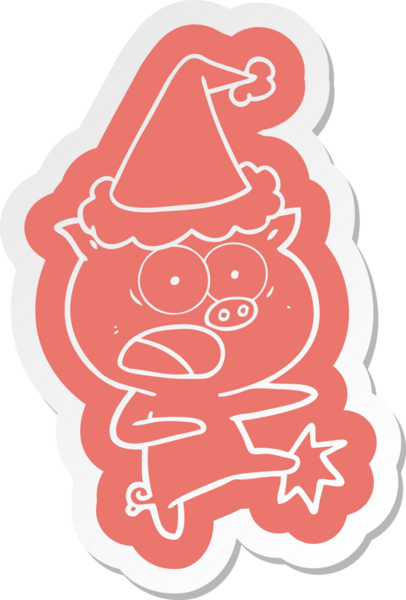 Bir insan tarafından çizilmiş Noel Baba şapkası giymiş domuz bağırıyor ve tekmeliyor.