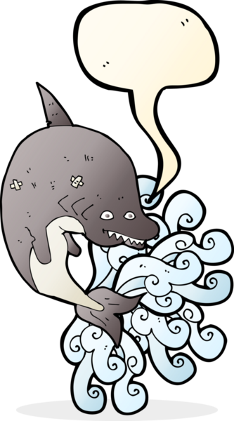 Bir insan tarafından çizilmiş konuşma baloncuklu çizgi film köpekbalığı.