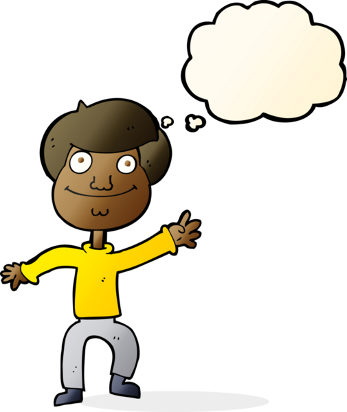 Bir insan tarafından çizilmiş düşünce baloncuğuyla el sallayan mutlu bir adam.