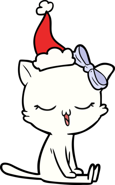 Bir insan tarafından çizilmiş Noel Baba şapkası takan bir kedinin el çizimi.
