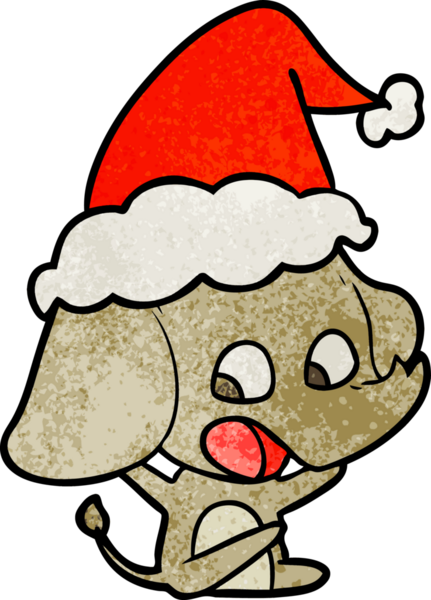 Bir insan tarafından çizilmiş Noel Baba şapkası takan bir filin desenli çizimi.