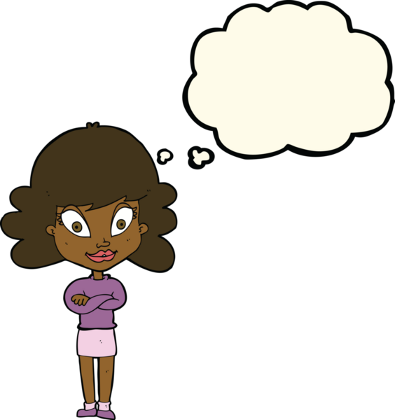Bir insan tarafından çizilmiş düşünce balonuyla kollarını kavuşturmuş mutlu bir kadın çizgi filmi.