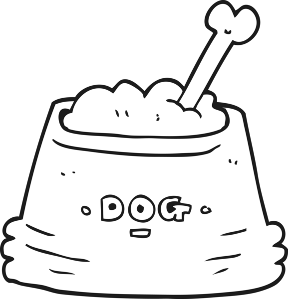 Bir insan tarafından çizilmiş siyah beyaz çizgi film köpek maması kasesi.