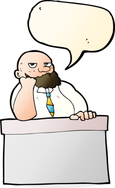 Bir insan tarafından çizilmiş bir konuşma baloncuğuyla masada sıkılmış bir adam.