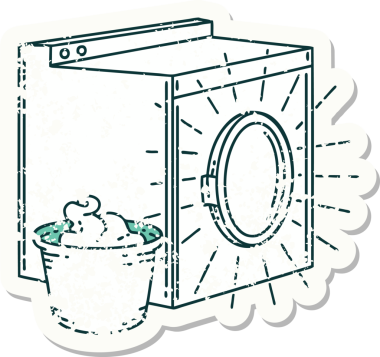 Bir insan tarafından çizilmiş eski bir dövme stili çamaşır makinesi çıkartması.