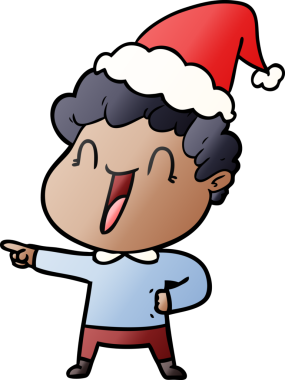 Noel Baba şapkası giyen mutlu bir adamın insan tarafından çizilmiş el çizimi karikatürü.