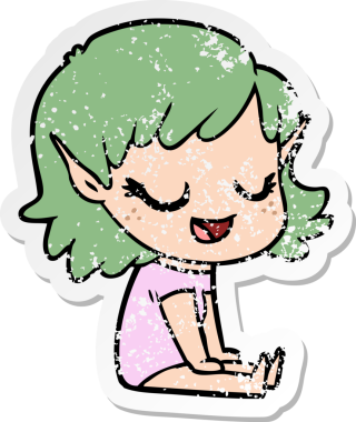 Bir insan tarafından çizilmiş yerde oturan mutlu bir elf kızının sıkıntılı çıkartması.