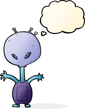 Bir insan tarafından çizilmiş düşünce baloncuğu olan bir uzaylı çizgi filmi.