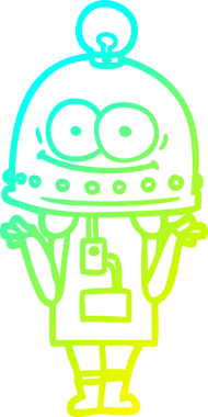Bir insan tarafından çizilmiş ampullü mutlu bir robot çizimi.