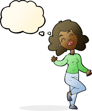 Bir insan tarafından çizilmiş düşünce baloncuğuyla dans eden mutlu kadın çizgi filmi.