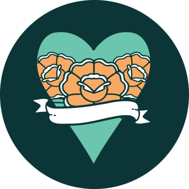 İkonik dövme stili bir kalp ve bir insan tarafından çizilmiş çiçekli pankart.