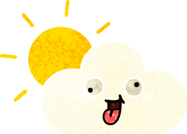 Bir insan tarafından çizilmiş güneş ve bulutun retro çizim tarzı karikatürü