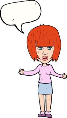 Bir insan tarafından çizilmiş konuşma baloncuğuyla omuz silken çizgi film kadını.