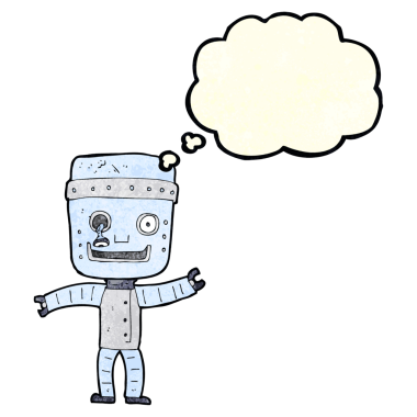 Bir insan tarafından çizilmiş düşünce baloncuğu olan komik yaşlı robot.