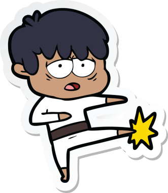 Bir insan tarafından çizilmiş karate yapan yorgun bir çocuğun çıkartması.