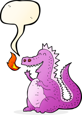 Bir insan tarafından çizilmiş konuşma balonlu ateş püskürten ejderha.