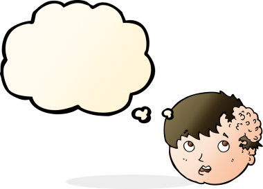 Bir insan tarafından çizilmiş düşünce baloncuğuyla kafasında çirkin bir büyüme olan çizgi film çocuğu.