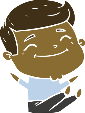 Bir insan tarafından çizilmiş mutlu düz renkli karikatür adam.