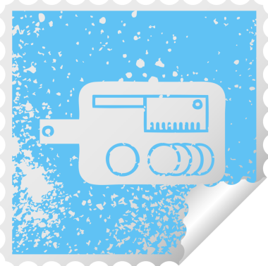 Bir insan tarafından çizilmiş et doğrama tahtasının derili kare soyma etiketi sembolü